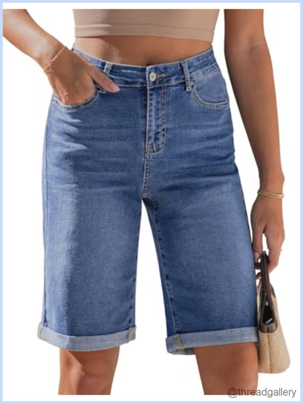 Bermuda Jean Shorts High Waisted 12 Inseam Stretchy Denim
